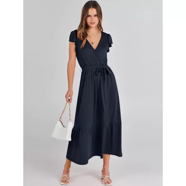 imageANRABESS Women Summer Maxi Dress Casual Wrap V Neck Flutter Short Sleeve Belt ALine Tiered Flowy Beach Long DressesNavy Blue