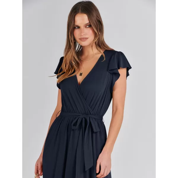 imageANRABESS Women Summer Maxi Dress Casual Wrap V Neck Flutter Short Sleeve Belt ALine Tiered Flowy Beach Long DressesNavy Blue