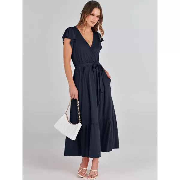 imageANRABESS Women Summer Maxi Dress Casual Wrap V Neck Flutter Short Sleeve Belt ALine Tiered Flowy Beach Long DressesNavy Blue