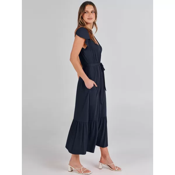 imageANRABESS Women Summer Maxi Dress Casual Wrap V Neck Flutter Short Sleeve Belt ALine Tiered Flowy Beach Long DressesNavy Blue
