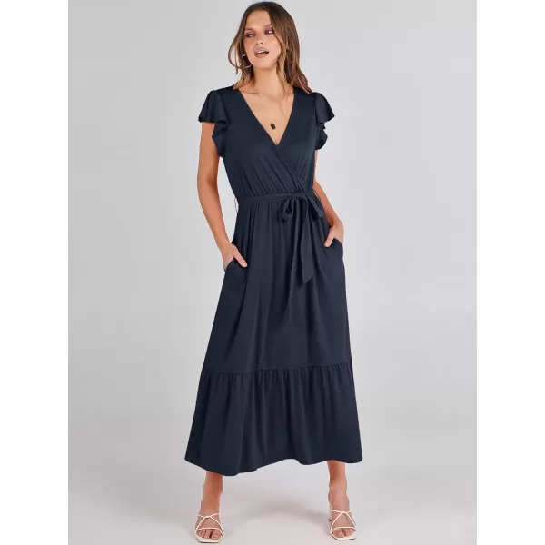 imageANRABESS Women Summer Maxi Dress Casual Wrap V Neck Flutter Short Sleeve Belt ALine Tiered Flowy Beach Long DressesNavy Blue