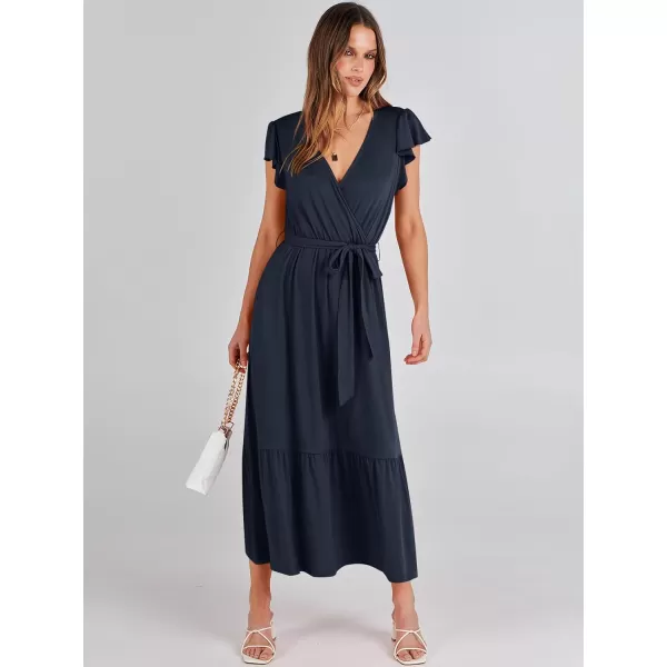 imageANRABESS Women Summer Maxi Dress Casual Wrap V Neck Flutter Short Sleeve Belt ALine Tiered Flowy Beach Long DressesNavy Blue
