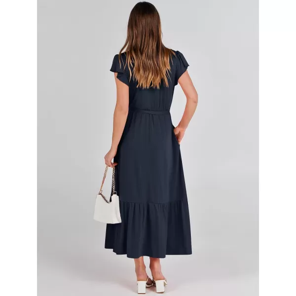 imageANRABESS Women Summer Maxi Dress Casual Wrap V Neck Flutter Short Sleeve Belt ALine Tiered Flowy Beach Long DressesNavy Blue