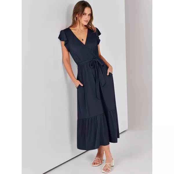 imageANRABESS Women Summer Maxi Dress Casual Wrap V Neck Flutter Short Sleeve Belt ALine Tiered Flowy Beach Long DressesNavy Blue