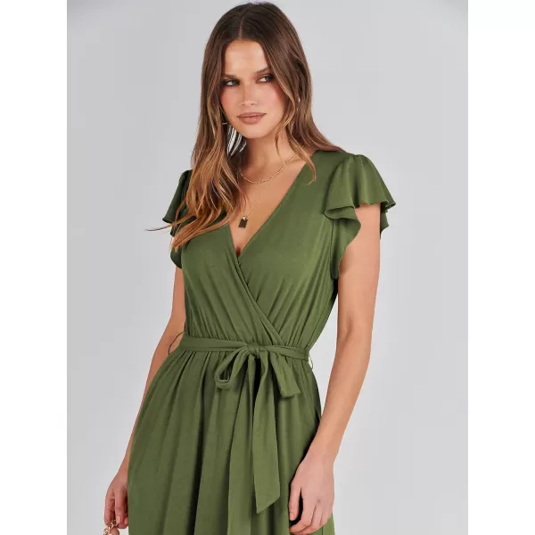 imageANRABESS Women Summer Maxi Dress Casual Wrap V Neck Flutter Short Sleeve Belt ALine Tiered Flowy Beach Long DressesOlive