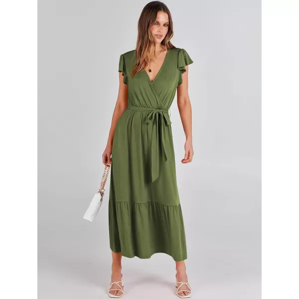 imageANRABESS Women Summer Maxi Dress Casual Wrap V Neck Flutter Short Sleeve Belt ALine Tiered Flowy Beach Long DressesOlive