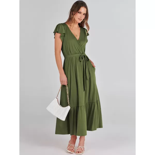 imageANRABESS Women Summer Maxi Dress Casual Wrap V Neck Flutter Short Sleeve Belt ALine Tiered Flowy Beach Long DressesOlive