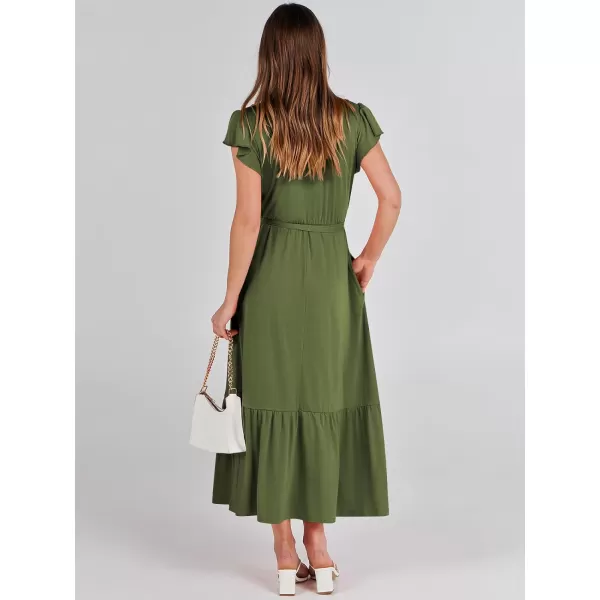 imageANRABESS Women Summer Maxi Dress Casual Wrap V Neck Flutter Short Sleeve Belt ALine Tiered Flowy Beach Long DressesOlive