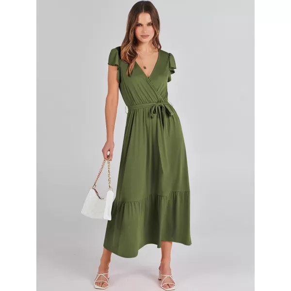 imageANRABESS Women Summer Maxi Dress Casual Wrap V Neck Flutter Short Sleeve Belt ALine Tiered Flowy Beach Long DressesOlive