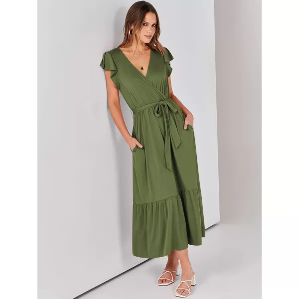 imageANRABESS Women Summer Maxi Dress Casual Wrap V Neck Flutter Short Sleeve Belt ALine Tiered Flowy Beach Long DressesOlive