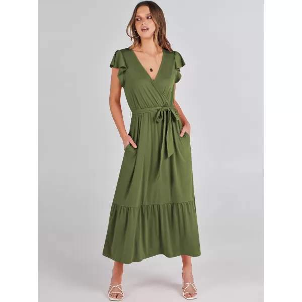imageANRABESS Women Summer Maxi Dress Casual Wrap V Neck Flutter Short Sleeve Belt ALine Tiered Flowy Beach Long DressesOlive
