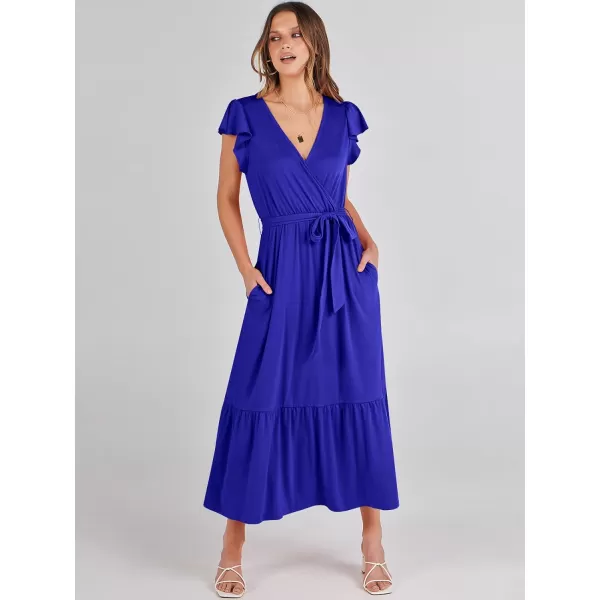 imageANRABESS Women Summer Maxi Dress Casual Wrap V Neck Flutter Short Sleeve Belt ALine Tiered Flowy Beach Long DressesRoyal Blue