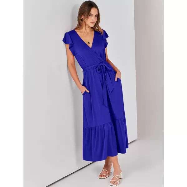 imageANRABESS Women Summer Maxi Dress Casual Wrap V Neck Flutter Short Sleeve Belt ALine Tiered Flowy Beach Long DressesRoyal Blue