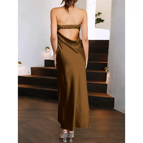 imageANRABESS Women Summer Satin Strapless Formal Dress Sexy Backless Bodycon Wedding Cocktail Party Maxi DressBrown