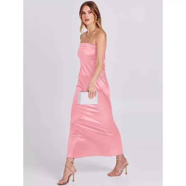 imageANRABESS Women Summer Satin Strapless Formal Dress Sexy Backless Bodycon Wedding Cocktail Party Maxi DressPink