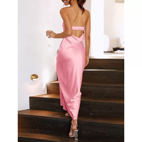 imageANRABESS Women Summer Satin Strapless Formal Dress Sexy Backless Bodycon Wedding Cocktail Party Maxi DressPink