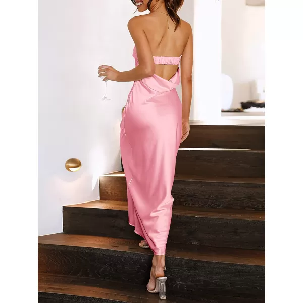 imageANRABESS Women Summer Satin Strapless Formal Dress Sexy Backless Bodycon Wedding Cocktail Party Maxi DressPink