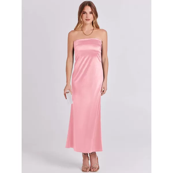 imageANRABESS Women Summer Satin Strapless Formal Dress Sexy Backless Bodycon Wedding Cocktail Party Maxi DressPink