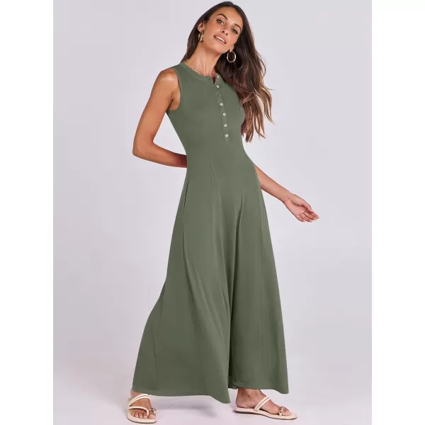 imageANRABESS Women Summer Sleeveless Button Round Neck Fit  Flare ALine Casual Maxi Dresses with PocketsArmy Green