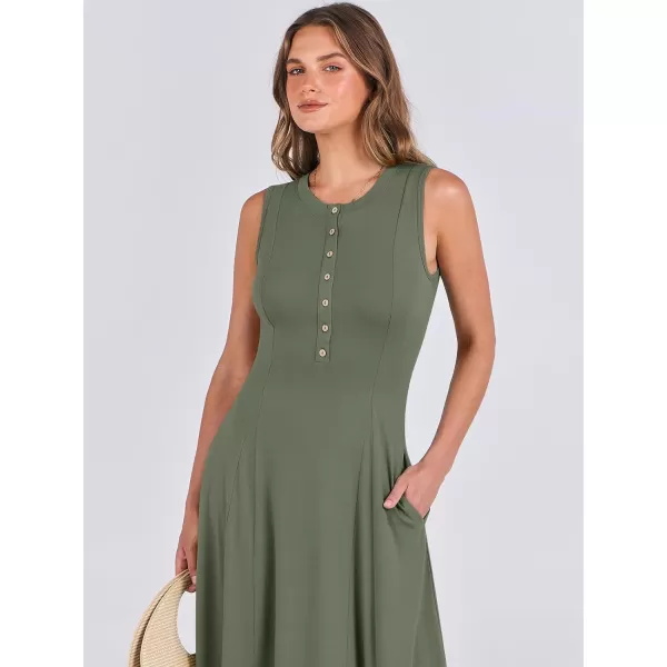 imageANRABESS Women Summer Sleeveless Button Round Neck Fit  Flare ALine Casual Maxi Dresses with PocketsArmy Green