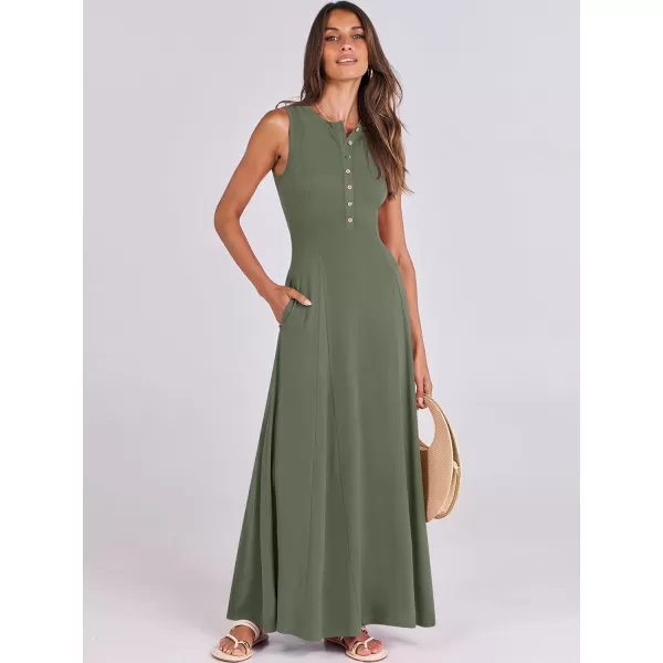 imageANRABESS Women Summer Sleeveless Button Round Neck Fit  Flare ALine Casual Maxi Dresses with PocketsArmy Green