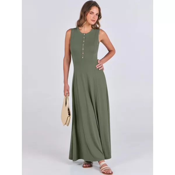 imageANRABESS Women Summer Sleeveless Button Round Neck Fit  Flare ALine Casual Maxi Dresses with PocketsArmy Green
