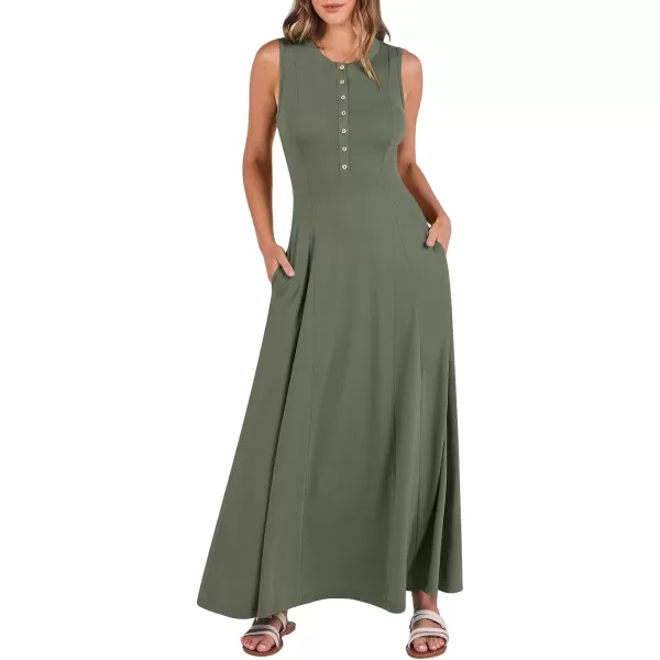 imageANRABESS Women Summer Sleeveless Button Round Neck Fit  Flare ALine Casual Maxi Dresses with PocketsArmy Green