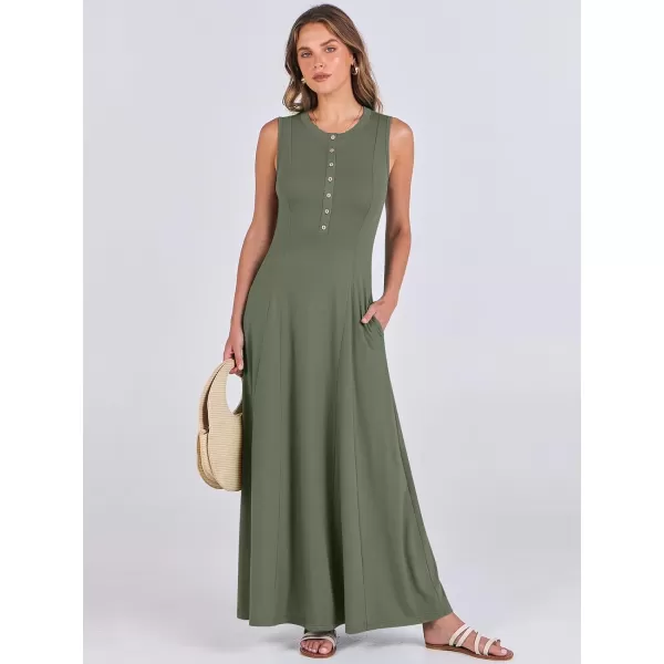 imageANRABESS Women Summer Sleeveless Button Round Neck Fit  Flare ALine Casual Maxi Dresses with PocketsArmy Green
