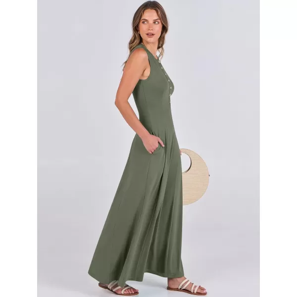imageANRABESS Women Summer Sleeveless Button Round Neck Fit  Flare ALine Casual Maxi Dresses with PocketsArmy Green