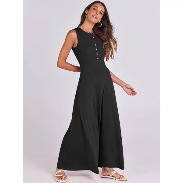 imageANRABESS Women Summer Sleeveless Button Round Neck Fit  Flare ALine Casual Maxi Dresses with PocketsBlack
