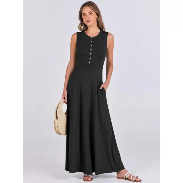imageANRABESS Women Summer Sleeveless Button Round Neck Fit  Flare ALine Casual Maxi Dresses with PocketsBlack