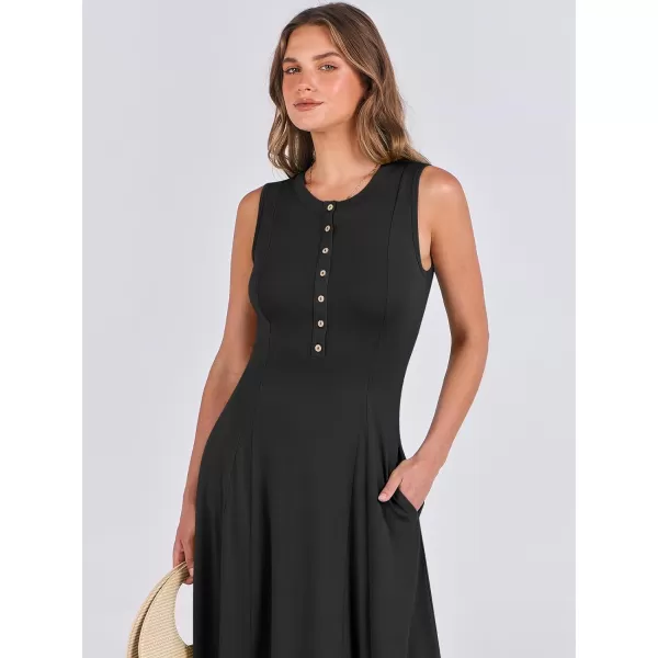 imageANRABESS Women Summer Sleeveless Button Round Neck Fit  Flare ALine Casual Maxi Dresses with PocketsBlack