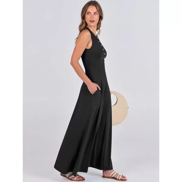 imageANRABESS Women Summer Sleeveless Button Round Neck Fit  Flare ALine Casual Maxi Dresses with PocketsBlack