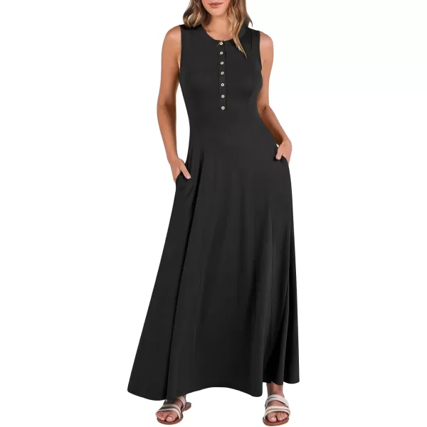 imageANRABESS Women Summer Sleeveless Button Round Neck Fit  Flare ALine Casual Maxi Dresses with PocketsBlack