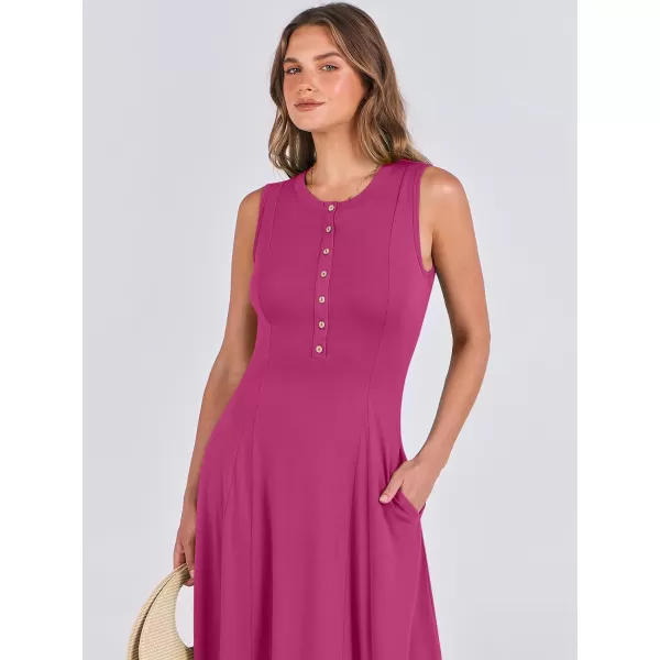 imageANRABESS Women Summer Sleeveless Button Round Neck Fit  Flare ALine Casual Maxi Dresses with PocketsHot Pink