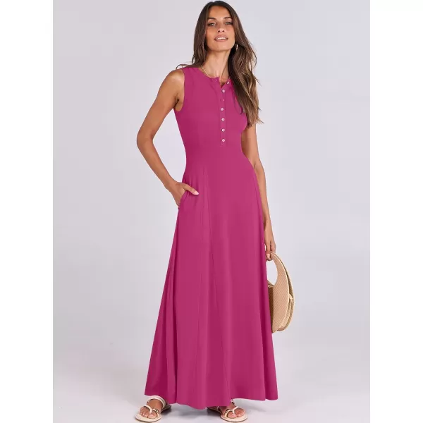 imageANRABESS Women Summer Sleeveless Button Round Neck Fit  Flare ALine Casual Maxi Dresses with PocketsHot Pink