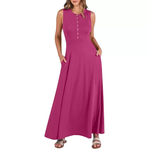 imageANRABESS Women Summer Sleeveless Button Round Neck Fit  Flare ALine Casual Maxi Dresses with PocketsHot Pink