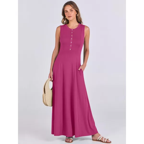imageANRABESS Women Summer Sleeveless Button Round Neck Fit  Flare ALine Casual Maxi Dresses with PocketsHot Pink