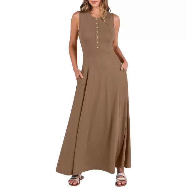 imageANRABESS Women Summer Sleeveless Button Round Neck Fit  Flare ALine Casual Maxi Dresses with PocketsKhaki