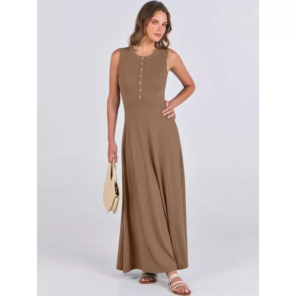 imageANRABESS Women Summer Sleeveless Button Round Neck Fit  Flare ALine Casual Maxi Dresses with PocketsKhaki