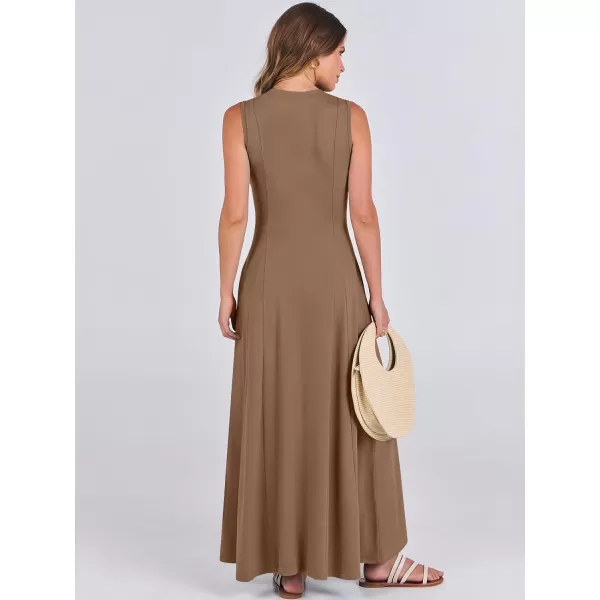imageANRABESS Women Summer Sleeveless Button Round Neck Fit  Flare ALine Casual Maxi Dresses with PocketsKhaki