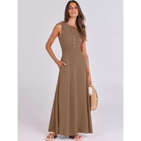 imageANRABESS Women Summer Sleeveless Button Round Neck Fit  Flare ALine Casual Maxi Dresses with PocketsKhaki