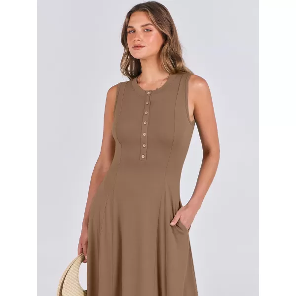 imageANRABESS Women Summer Sleeveless Button Round Neck Fit  Flare ALine Casual Maxi Dresses with PocketsKhaki