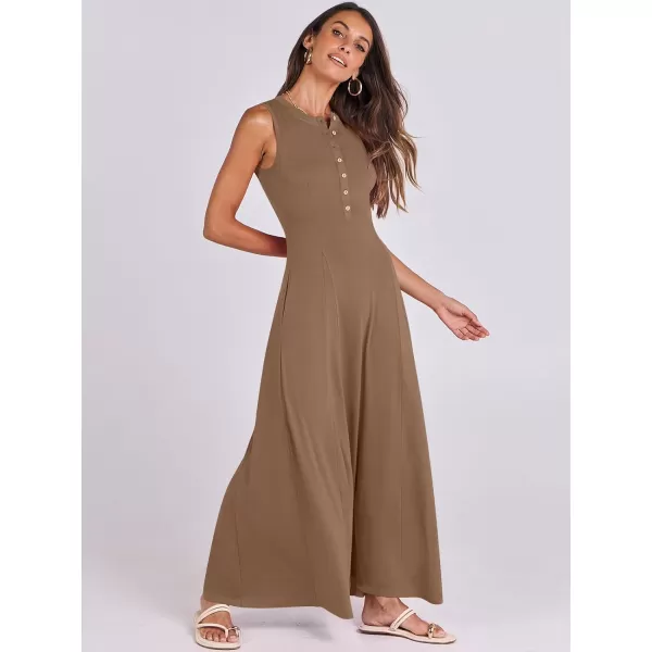 imageANRABESS Women Summer Sleeveless Button Round Neck Fit  Flare ALine Casual Maxi Dresses with PocketsKhaki