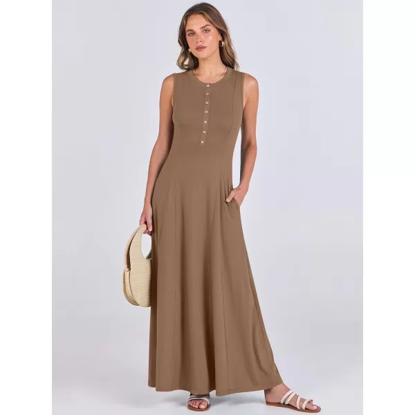imageANRABESS Women Summer Sleeveless Button Round Neck Fit  Flare ALine Casual Maxi Dresses with PocketsKhaki