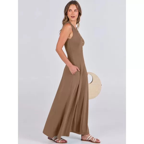 imageANRABESS Women Summer Sleeveless Button Round Neck Fit  Flare ALine Casual Maxi Dresses with PocketsKhaki
