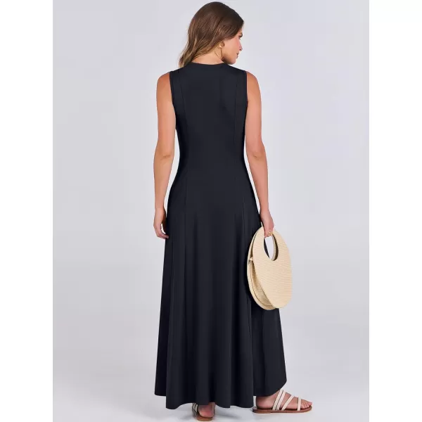 imageANRABESS Women Summer Sleeveless Button Round Neck Fit  Flare ALine Casual Maxi Dresses with PocketsNavy Blue