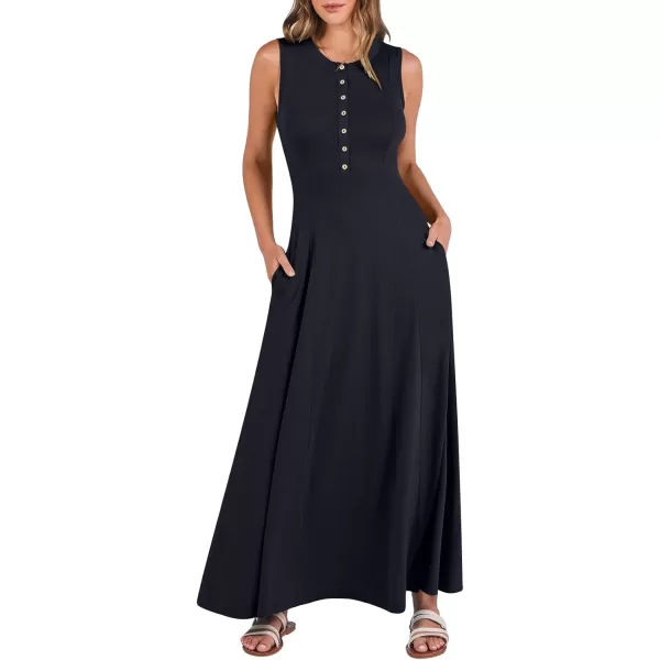 imageANRABESS Women Summer Sleeveless Button Round Neck Fit  Flare ALine Casual Maxi Dresses with PocketsNavy Blue