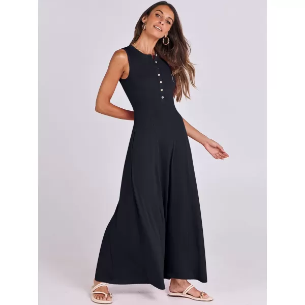 imageANRABESS Women Summer Sleeveless Button Round Neck Fit  Flare ALine Casual Maxi Dresses with PocketsNavy Blue