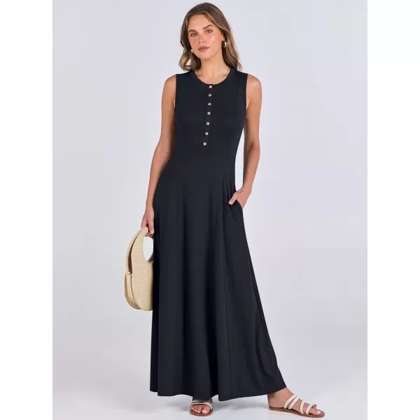 imageANRABESS Women Summer Sleeveless Button Round Neck Fit  Flare ALine Casual Maxi Dresses with PocketsNavy Blue
